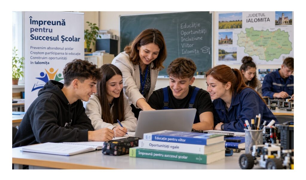 Elevi și profesor într-o activitate educațională, imagine reprezentativă pentru proiectul de prevenire a abandonului școlar în Ialomița.