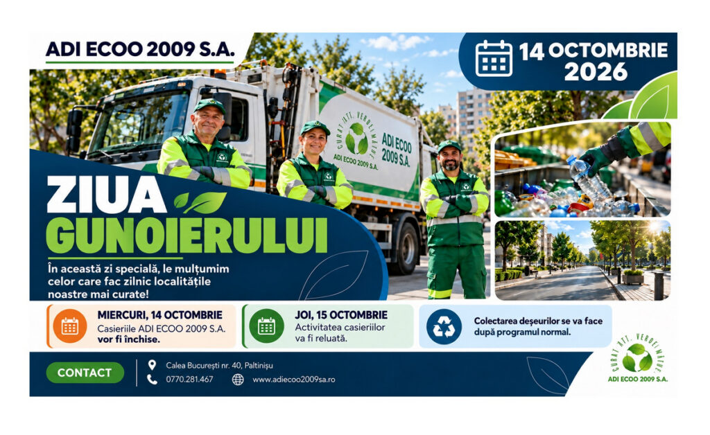 Ziua Gunoierului 2026 – angajați ADI ECOO 2009 S.A., autospecială de salubritate și anunț privind programul casieriilor.